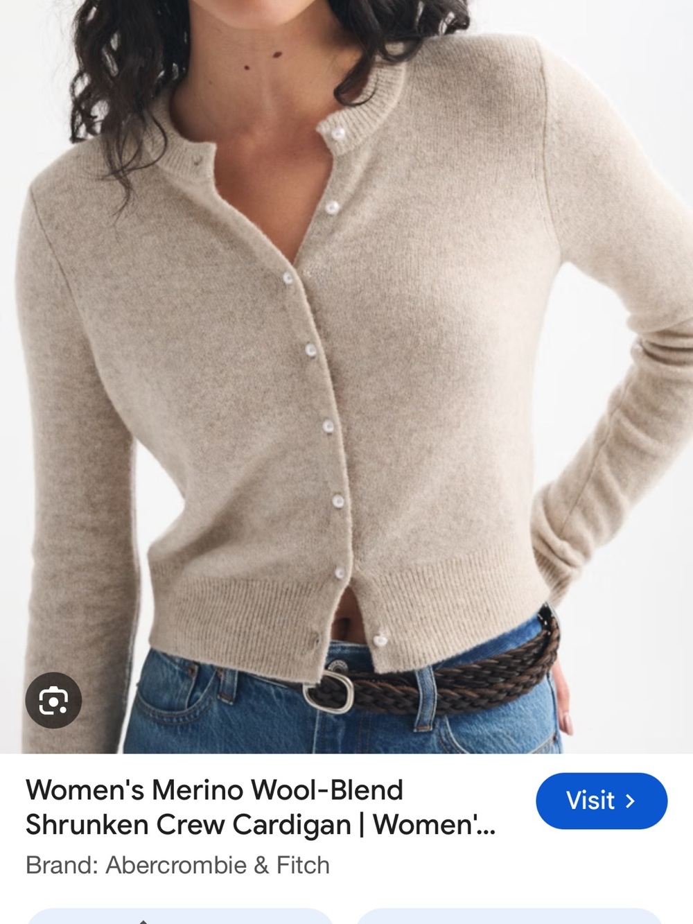 Abercrombie & Fitch Beige Merino-Blend Shrunken Crew Cardigan